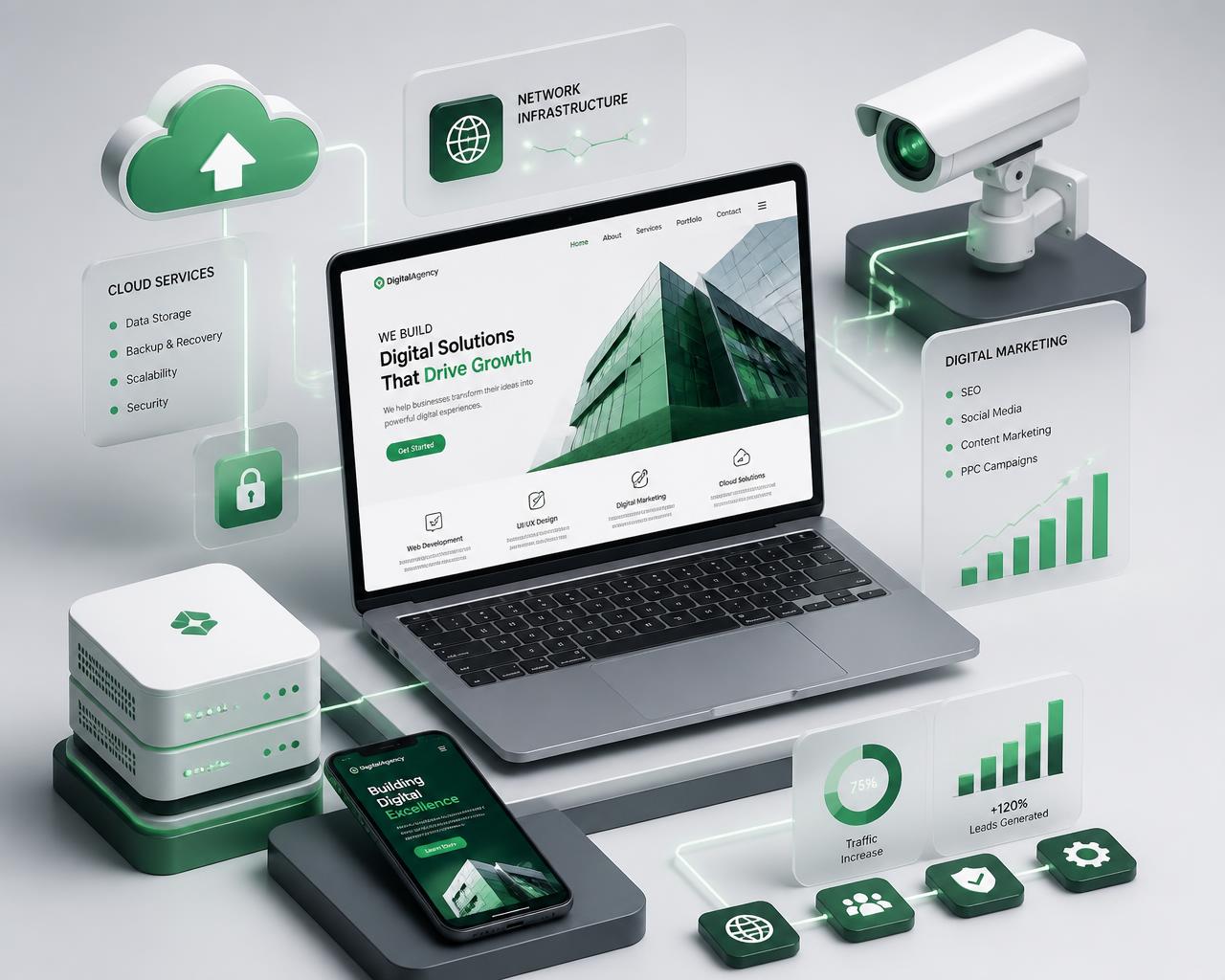 Ordinateur portable, smartphone, cloud, réseau et équipements de sécurité représentant les solutions digitales de JML SERVICE